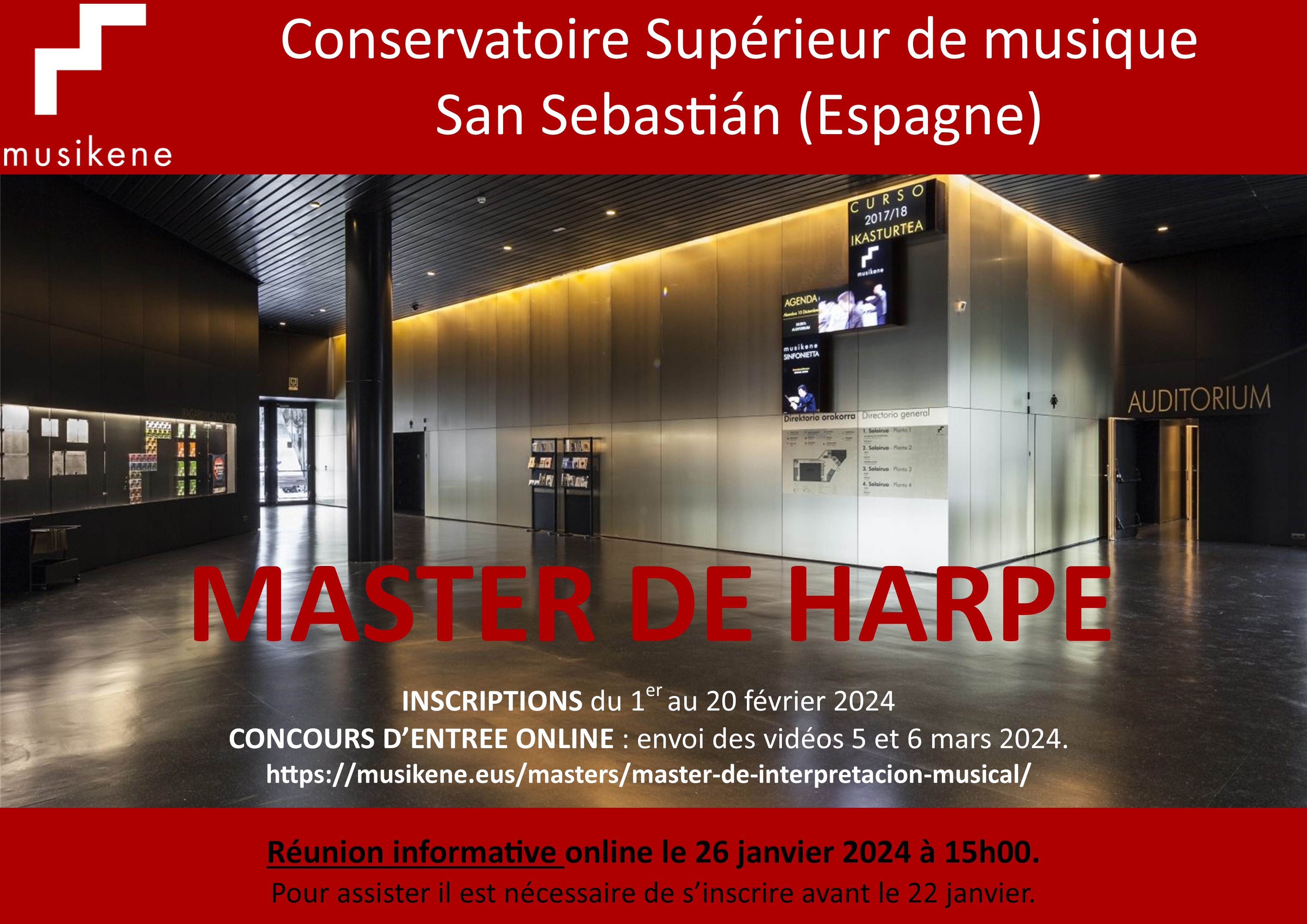 Concours entrée Master de harpe Conservatoire Supérieur de San Sébastian – Musikene